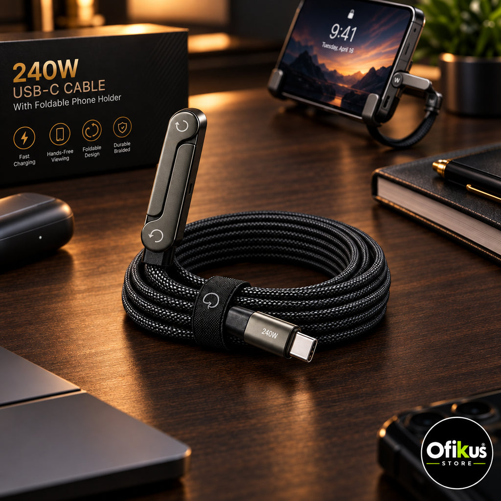 Cable de Carga Rápida con Soporte Plegable 2 en 1 (USB-C)