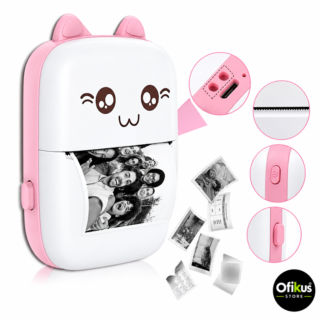 Impresora Kawaii rosa con logo